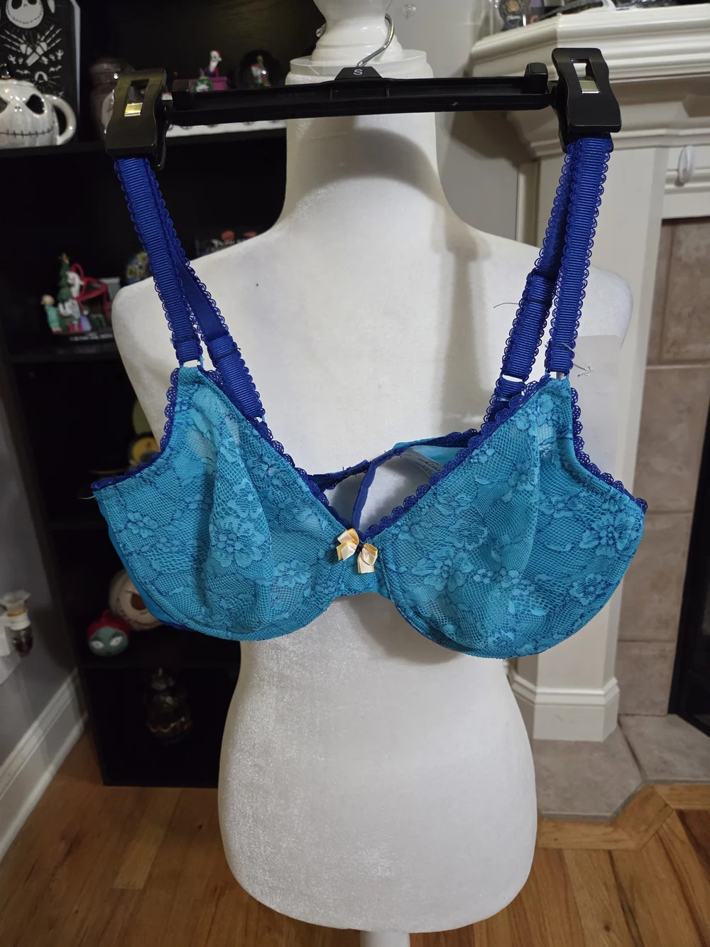Teal Lace Underwire Bra with Contrast Straps and Bow